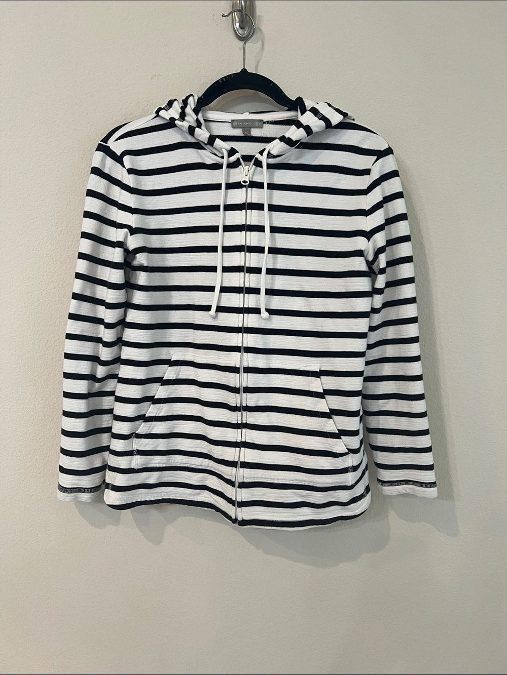 T by Talbots Women’s Small Striped Full Zip Hoodie Black White Cotton Modal